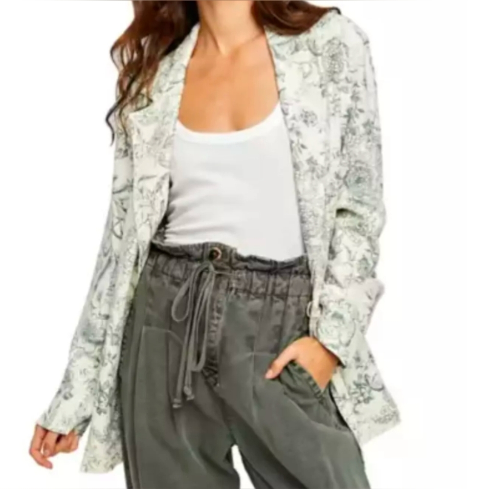 We The Free Beckett Linen Blend Floral Oversized Blazer Jacket in Sage Size XL